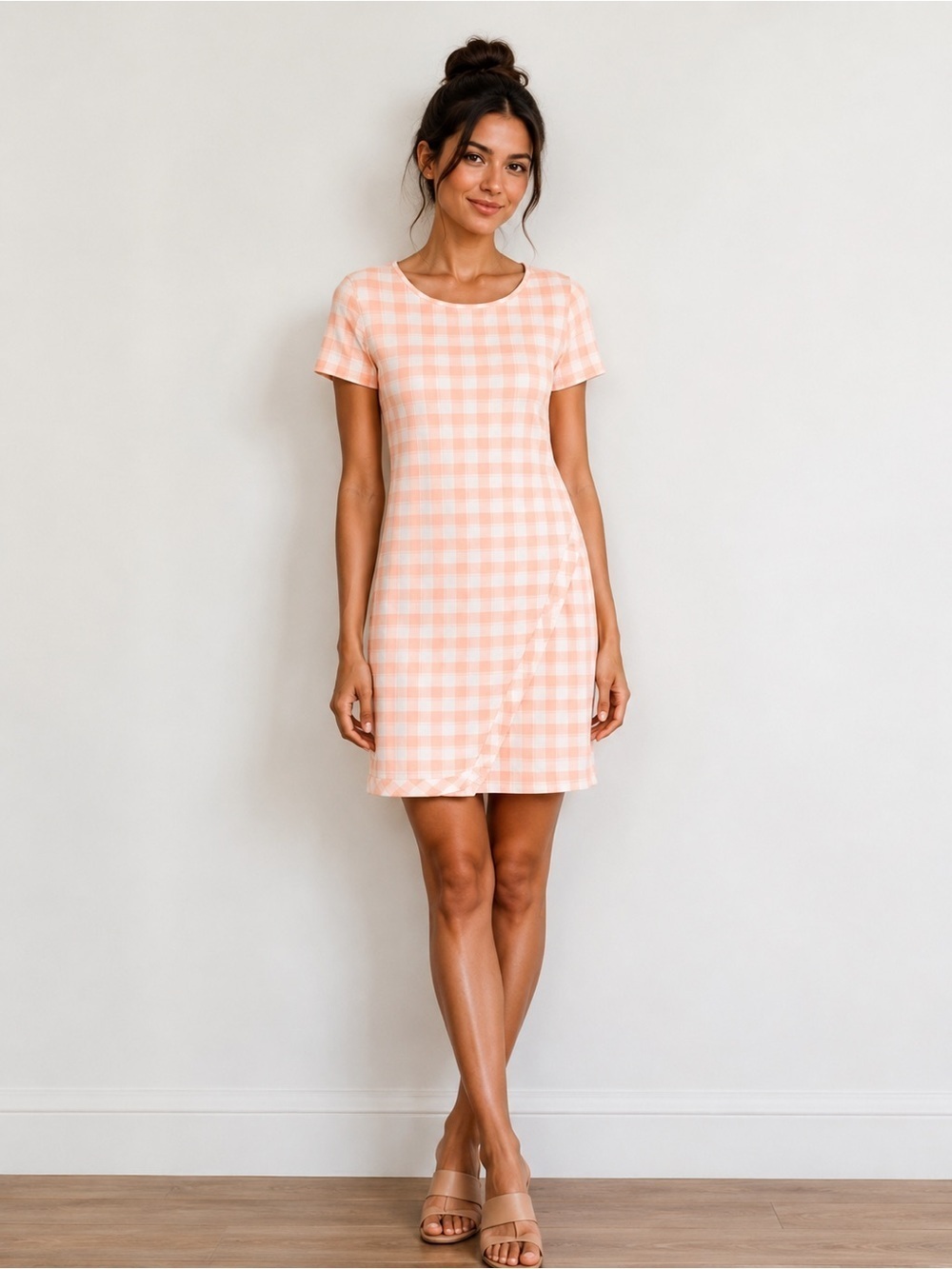 NWT 41 Hawthorn Peach and White Plaid Faux Wrap Short Sleeve Knit Dress Size M